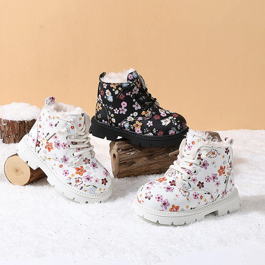Winter Snow Leather Flower Warm Plush Toddler Non-slip Boots EU 23-31