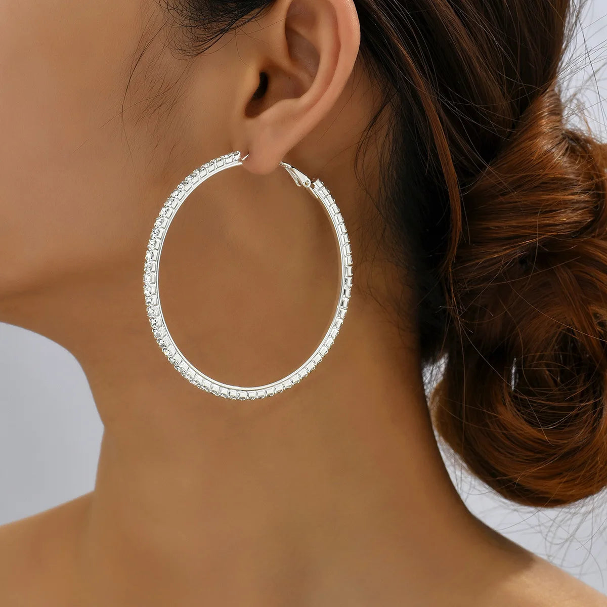Rhinestones Shiny Crystal Big Round Hoop Earrings