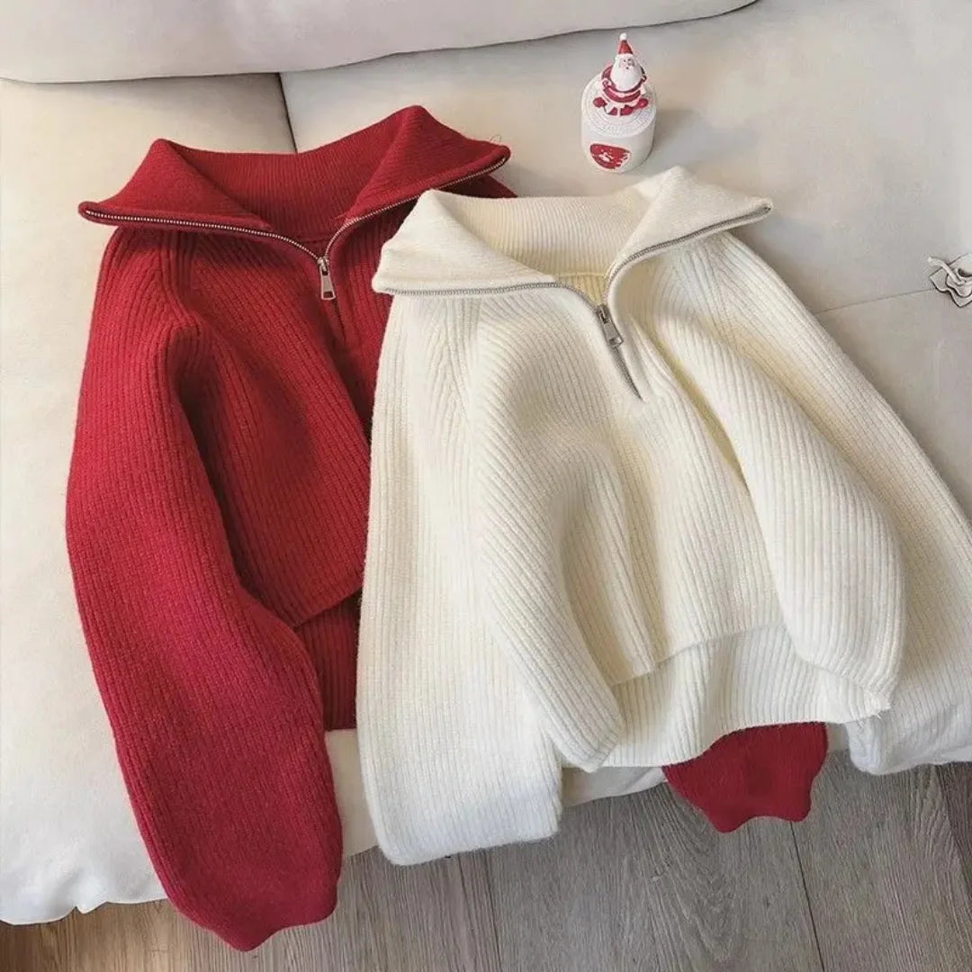 Half Zipper Collar Soft Knitted Long Sleeve Short Jumper Korean Sweater Pullovers