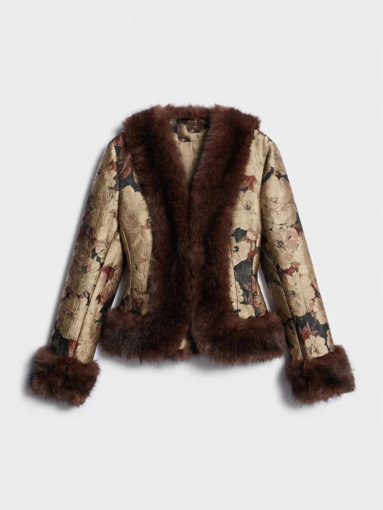 Floral Jacquard Furry Faux Fur Cuffs Patchwork Jacket