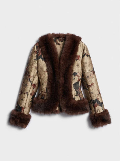 Floral Jacquard Furry Faux Fur Cuffs Patchwork Jacket