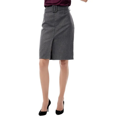 High waist casual mid-length wool pencil skirt