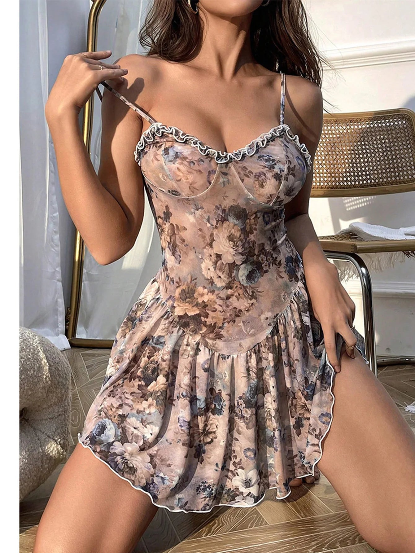 Nightgown Strap tight floral sexy Pajamas dress