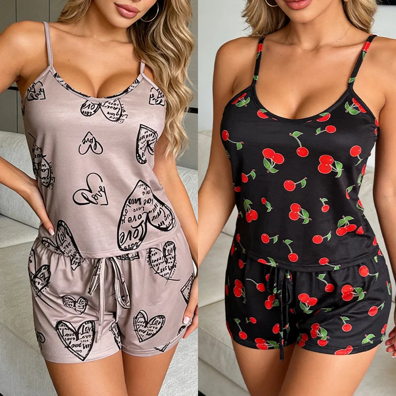 Floral Print Spaghetti Strap V Neck Shorts Sleepwear