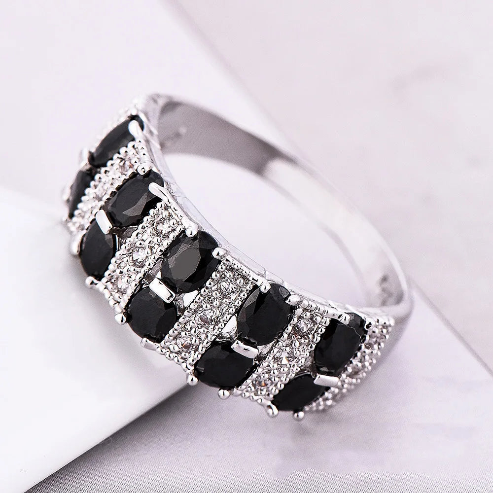 Retro Elegant 925 Sterling Silver Big Black Stripe Crystal Zircon Silver Rings
