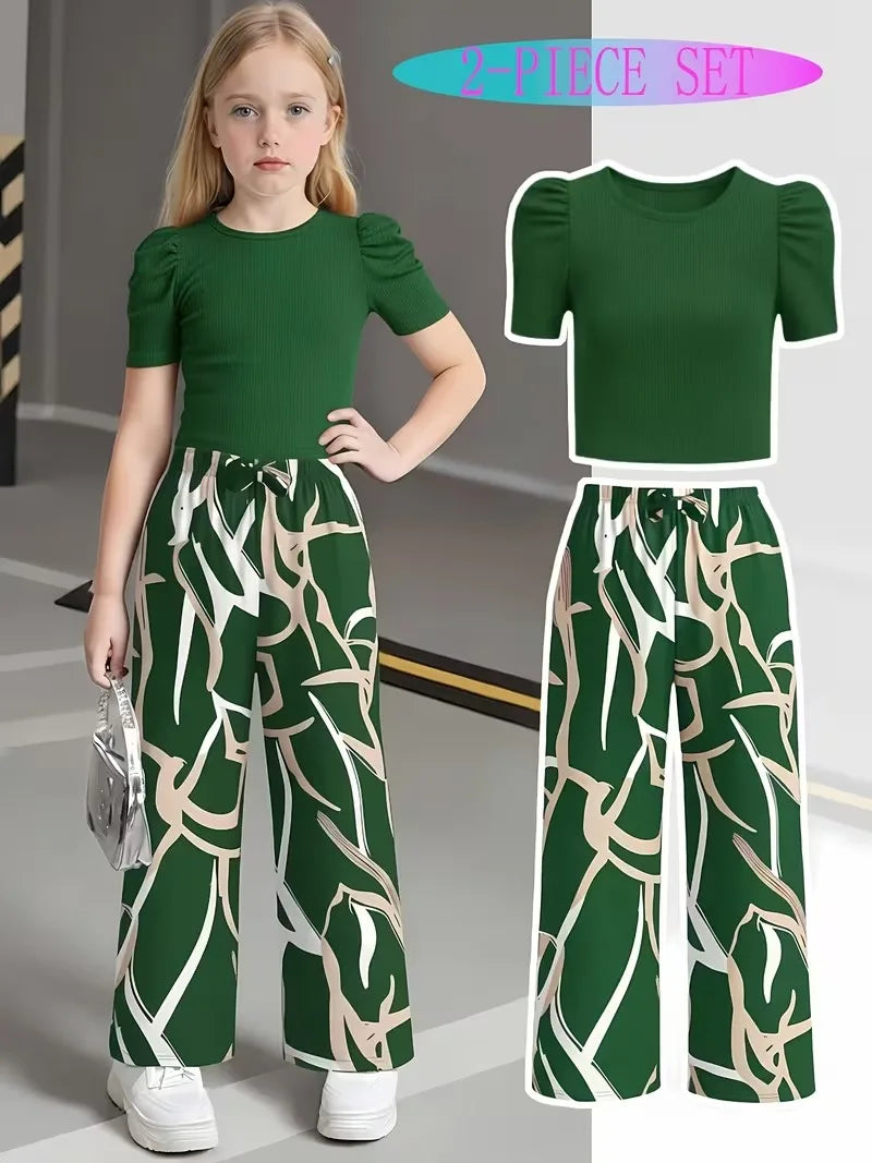 Green Puff Sleeve Ribbed Abstract Print Wide Leg Pants Set