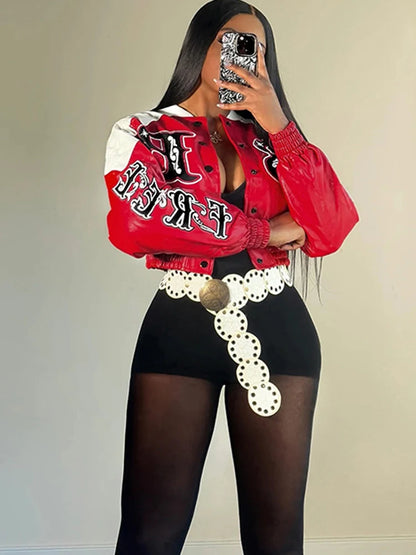 Uniform Letter Print Crop PU Patchwork Full Sleeve Skinny Cool Coat