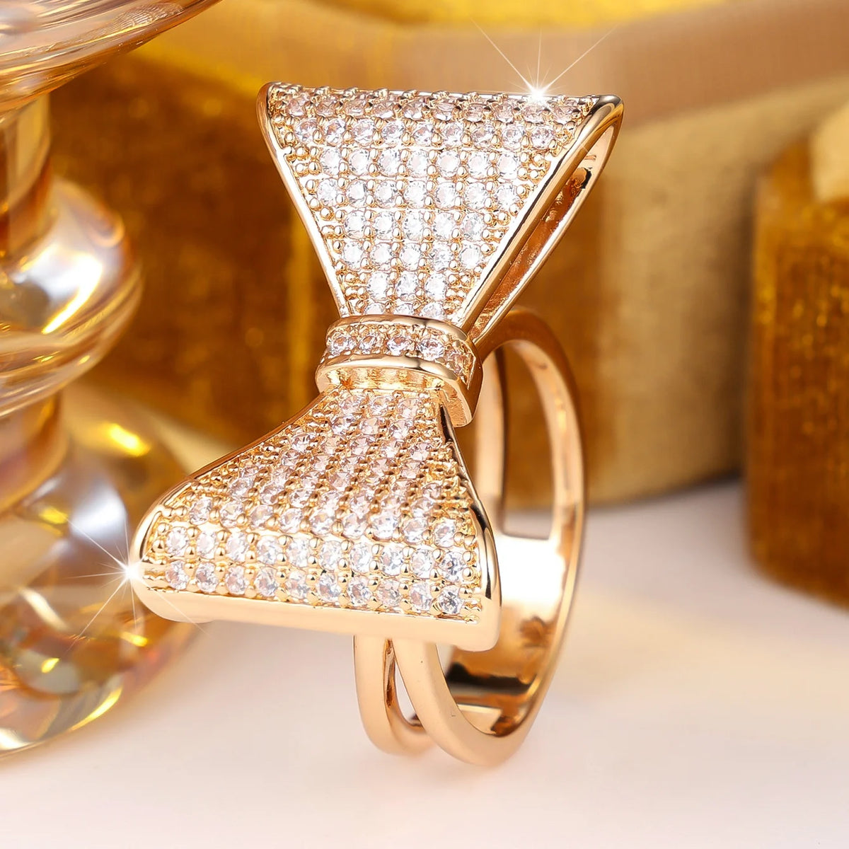 Small Cute Bow Female White Zircon Stone Vintage Gold Ring