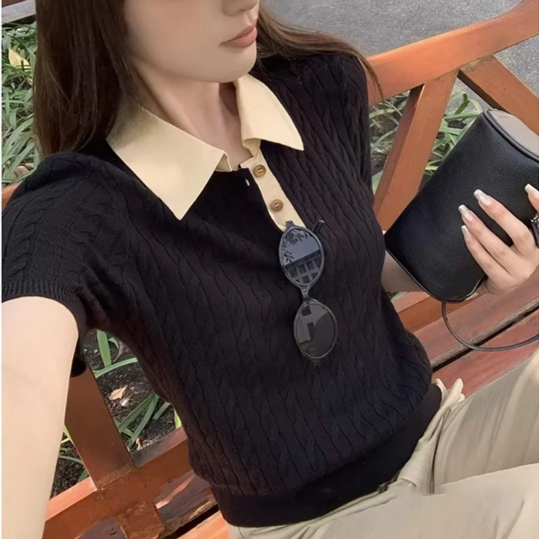 Sueter Feminino Turn Down Collar Knitted Sweater Short Sleeve Knit Pullover