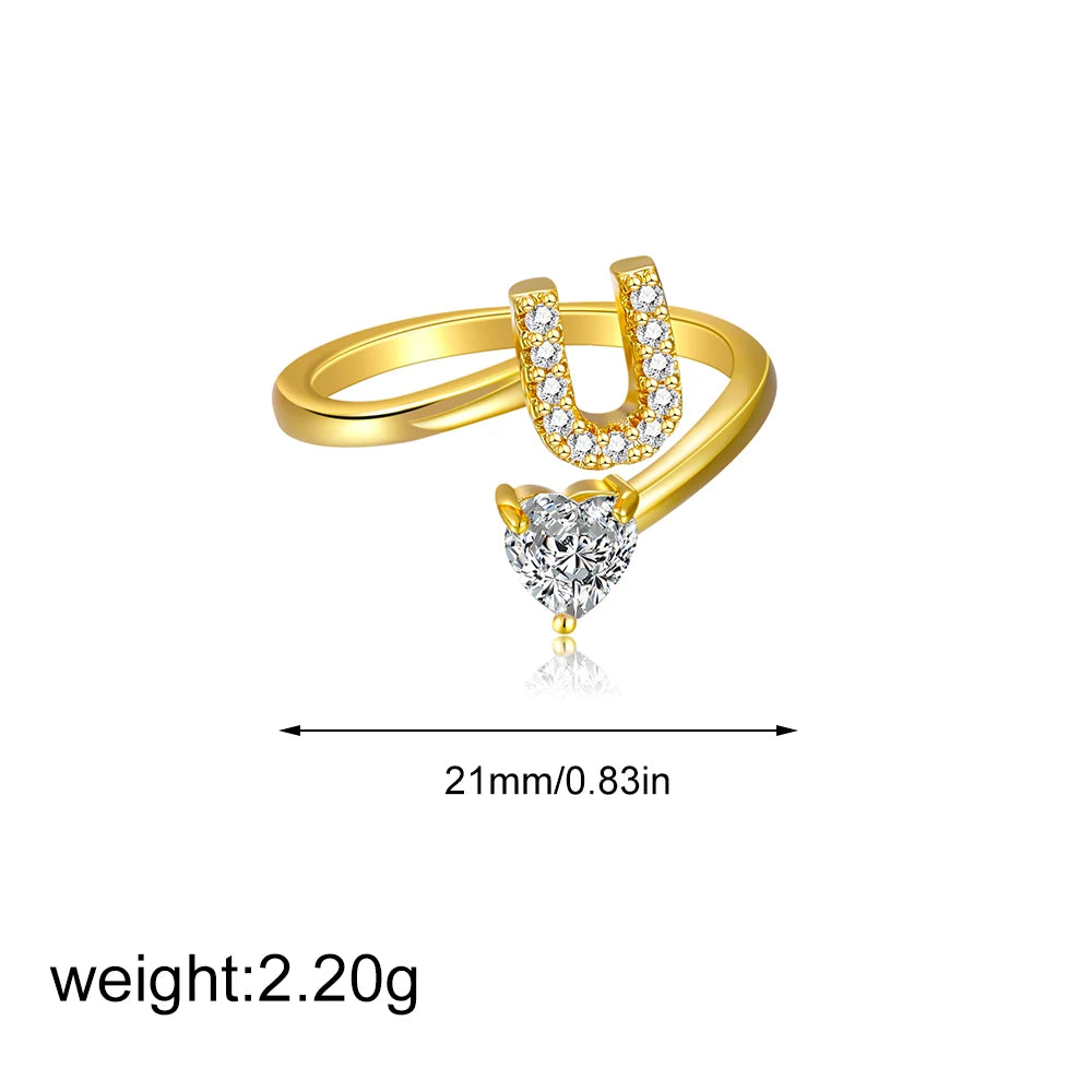 Gold Letter Open Heart Shape Cubic Zirconia  A-Z 26 Letter  Lnitials Rings