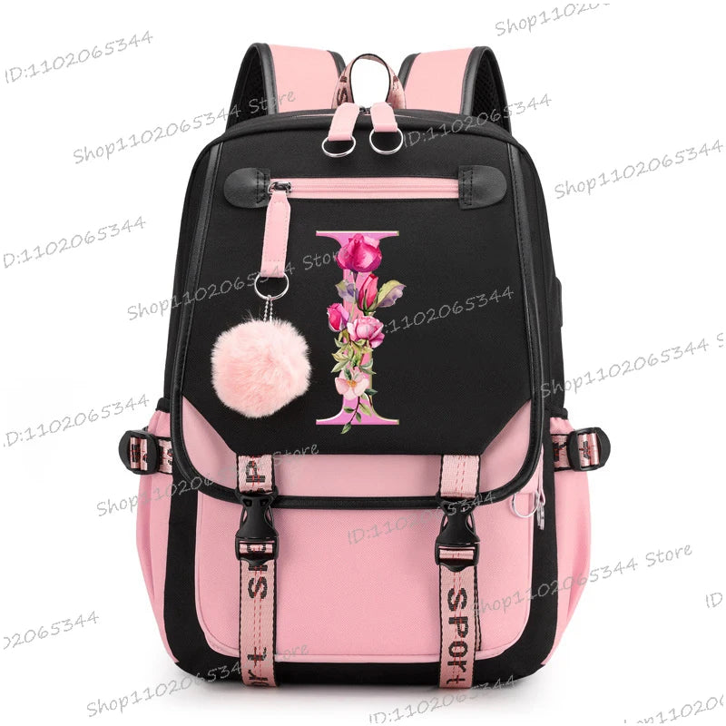 Black Pink Backpacks 26 Initials Flower A-Z Alphabet Large Capacity Students Bookbag