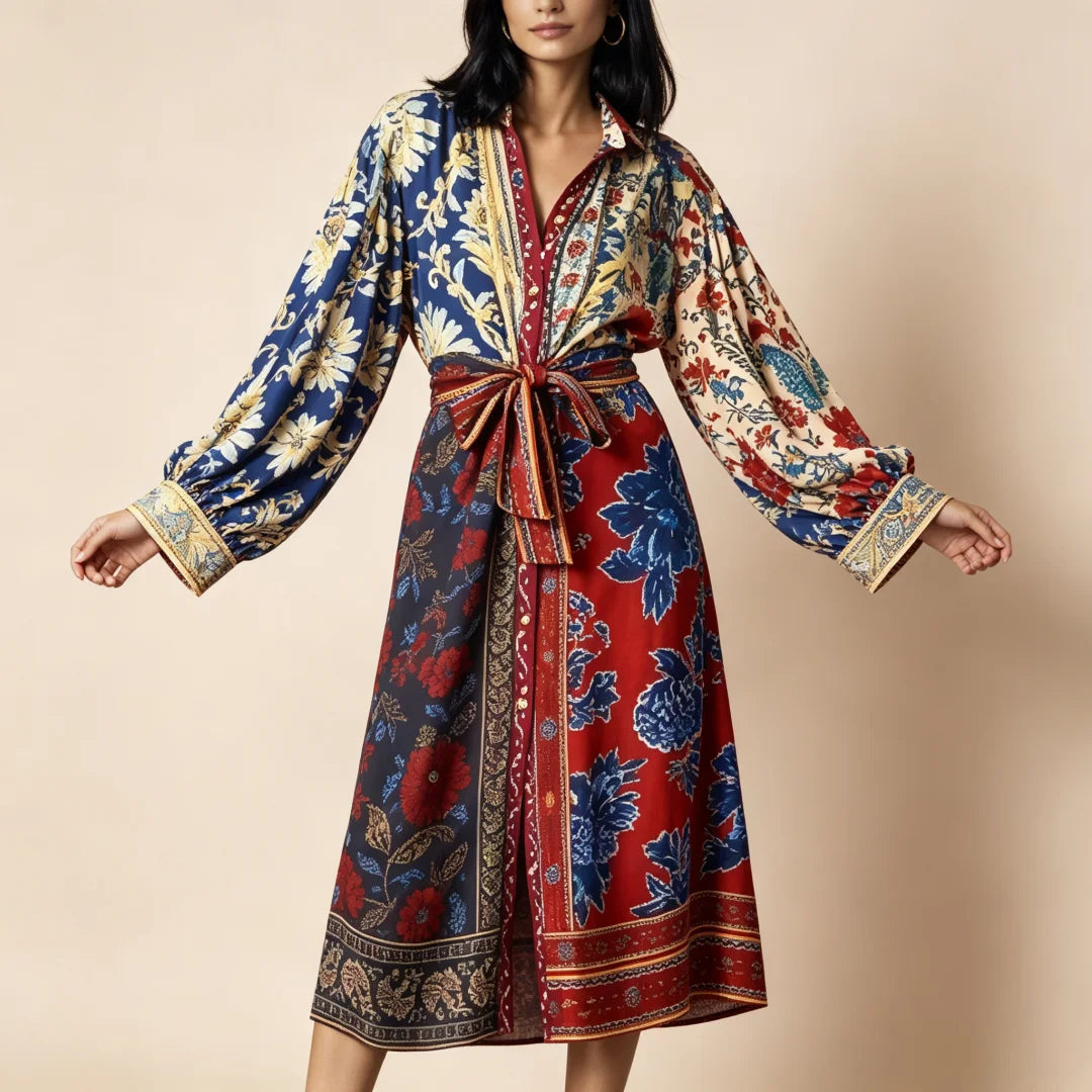 Floral Print Collar V‑Neck Long Sleeve Midi Dress