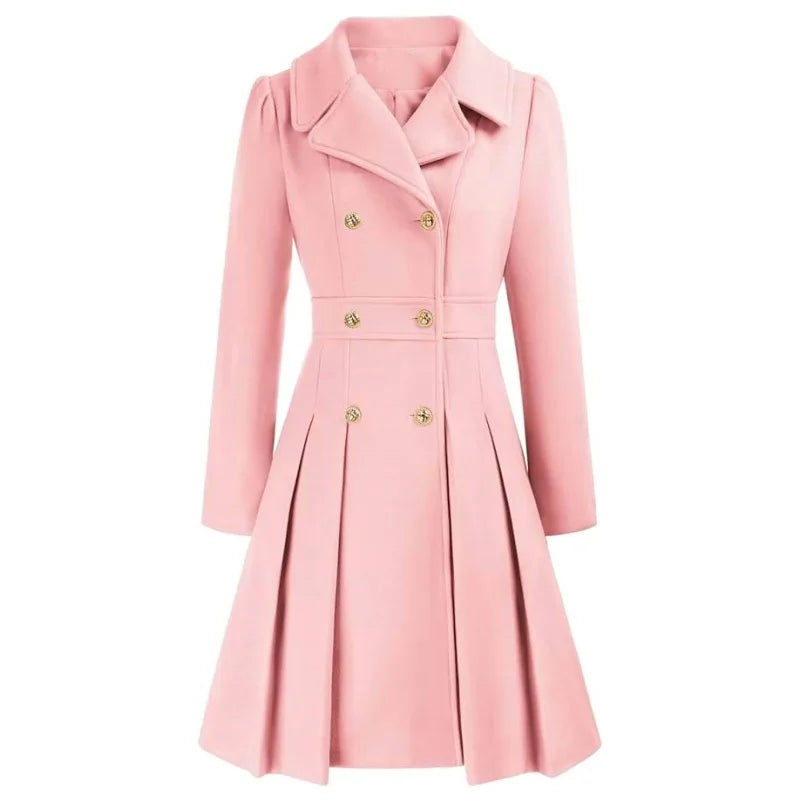Winter Woolen Trench Coat Skirt Double Breasted Flip Lapel Jacket