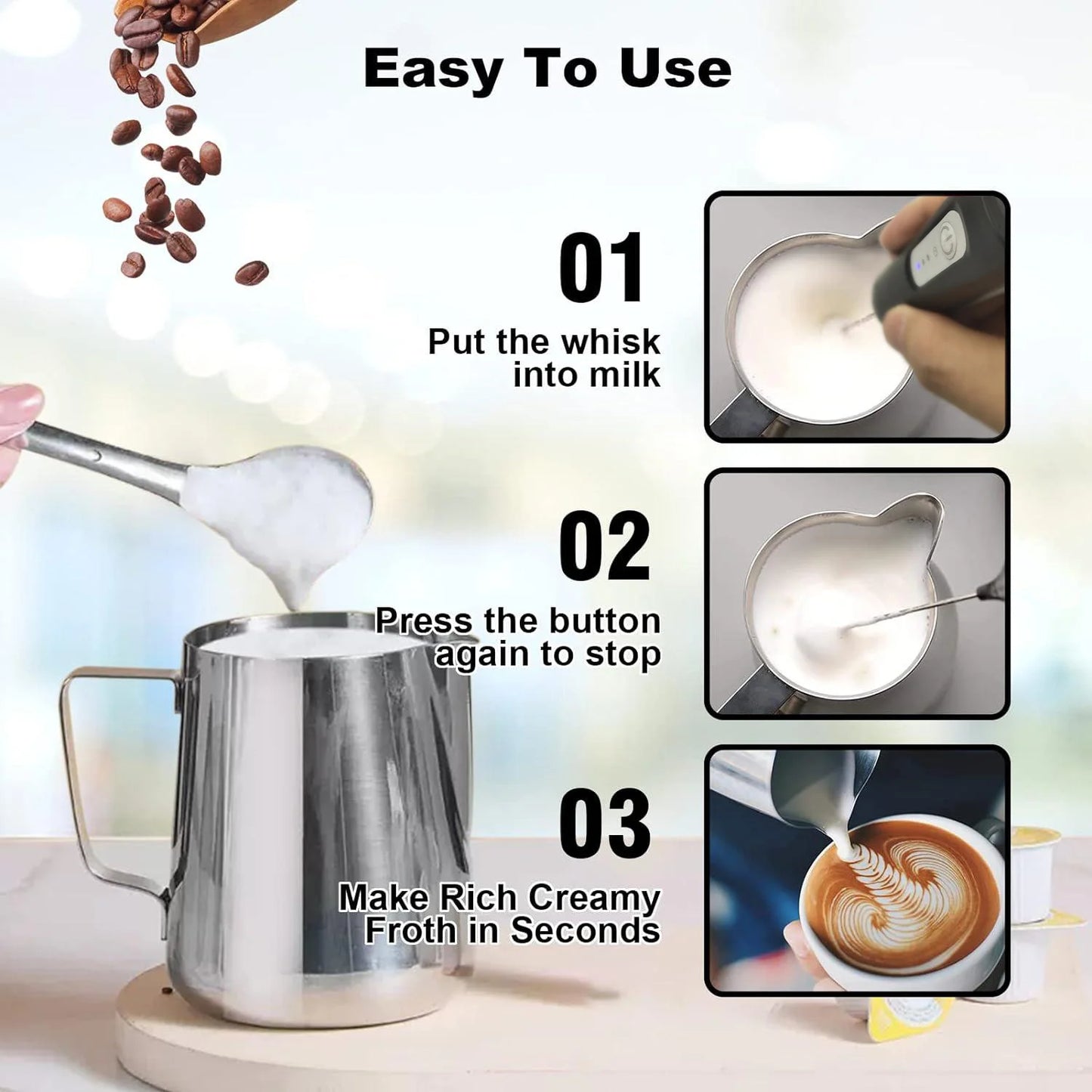Milk Frother USB Rechargeable 3 Speeds Foam Maker