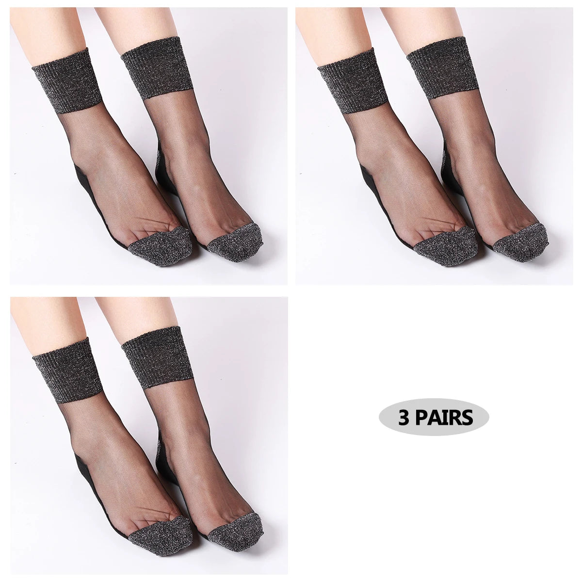 3 Pairs Ultrathin Transparent Glitter Crystal Glass Silk Socks