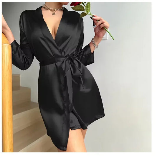 Lace-up bathrobe sexy ice silk robe