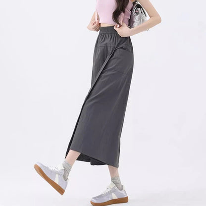 Loose Fit Thin Pants High Waist Slit Korean Midi Cargo skirt