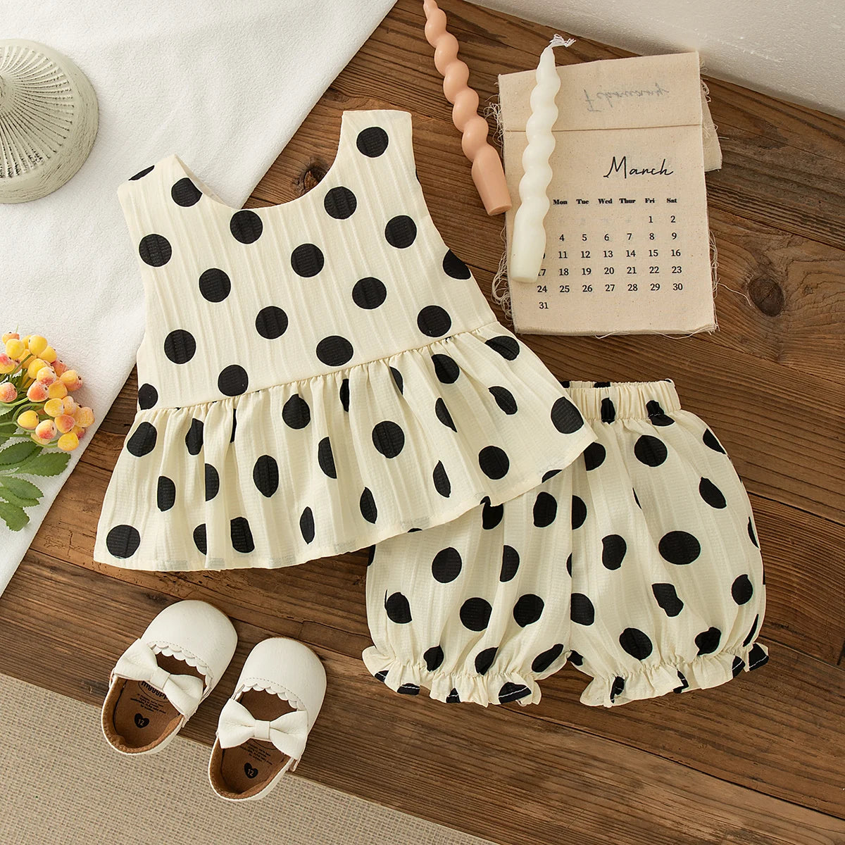 Toddler Girls Korean Style Polka Dot Bow Sleeveless Dress Set