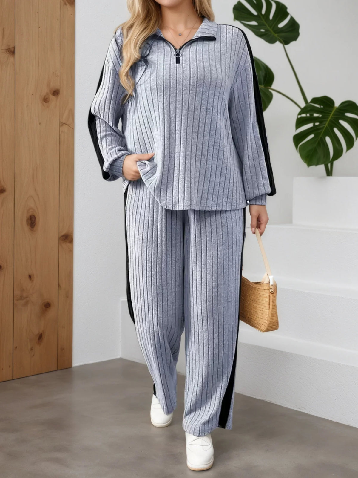 Elegant Casual Zipper Collar Long-Sleeve Top & Wide-Leg Pants Set