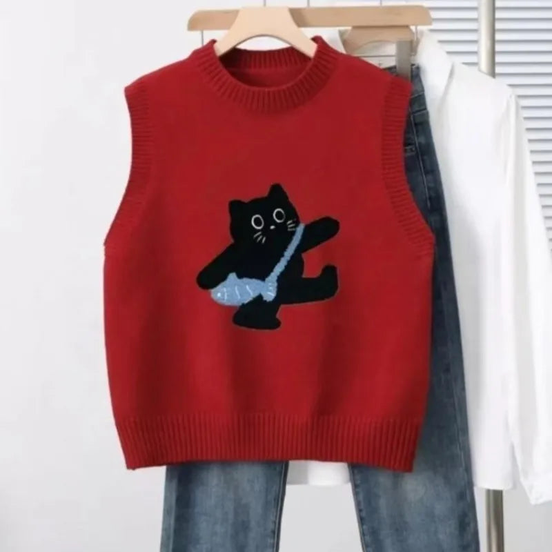 Sweater Vest Casual Embroidered Cartoon O-neck Sleeveless Pullover