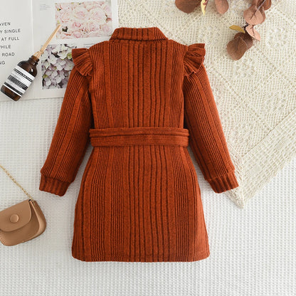 Woolen Autumn Winter High Neck Flying Sleeve Lace up Long Sleeve Dress