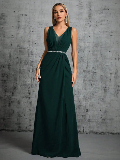 Mgiacy Shoulder silver sequin belt pleated chiffon slit skirt Dress
