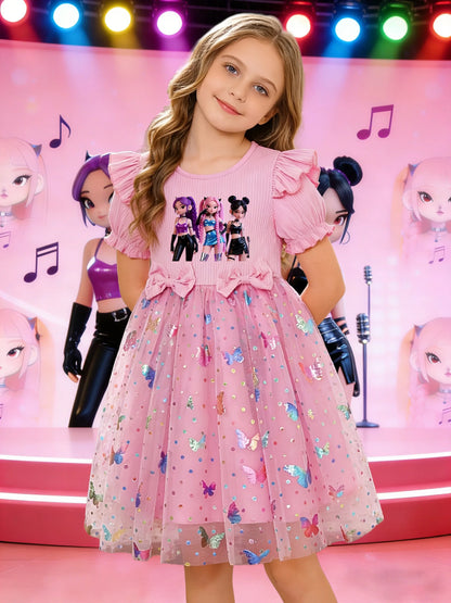 Double bows at the waist puff sleeves and a pink princess dress