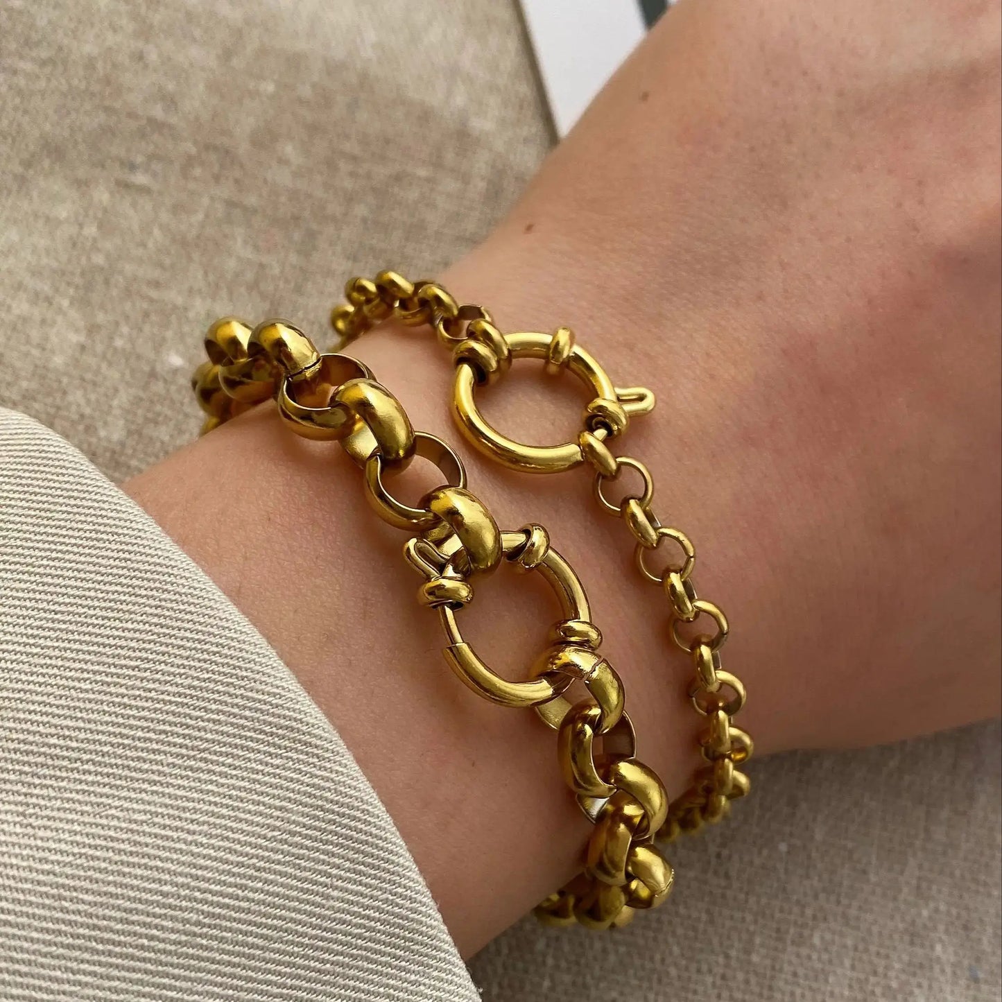 Stainless Steel Thick Simple Chunky Chain Layered Gold Bracelet Set