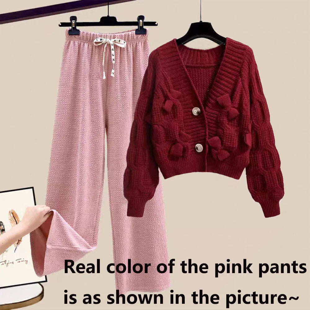 Korean Sweet Bow Outfit Long Sleeve Cardigan Knitwear Wide Leg Pants Set