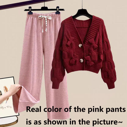 Korean Sweet Bow Outfit Long Sleeve Cardigan Knitwear Wide Leg Pants Set