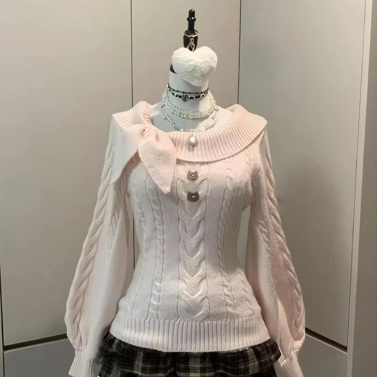 Off‑Shoulder Cable Knit With Bow Long Puff Sleeve Slim Fit Pullover Jumper