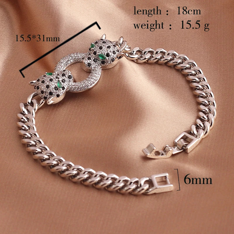 Classic Leopard Green Eye Hip Hop Cuban Chain Black Cubic Zirconia Bracelet