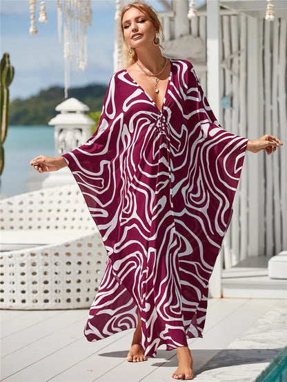 Plus Size Animal Print V-Neck Batwing Kaftan Beach Dress