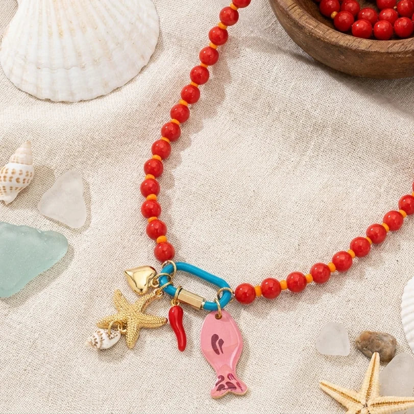 Bohemian Ocean Colored Beaded Starfish Fish Shell Geometry Necklace