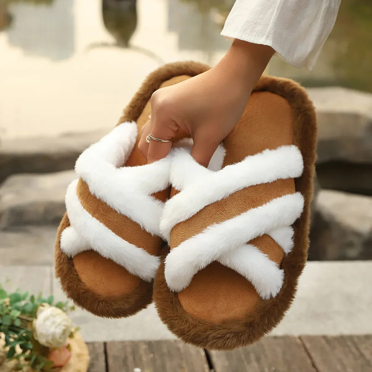 Furry Home Fluffy Light Cross Flip Flops Soft Slippers