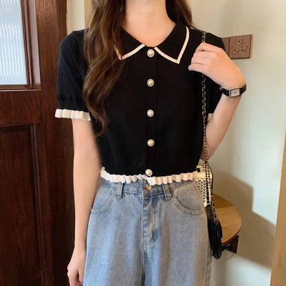 Korean Knitted Turn Down Collar Blouse