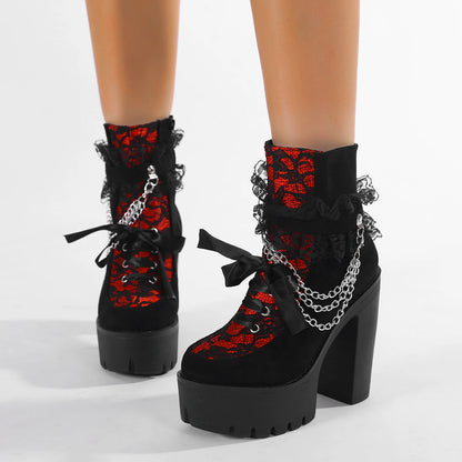 Gothic Lace Ankle Chunky Heel Side Zipper with Chain Platform Goth Boots