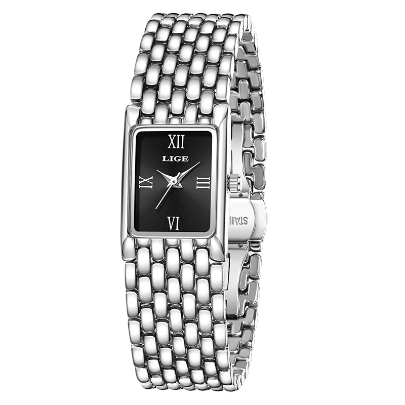Quartz Silver Simple Square Luxury Stainless Steel Folding Wristwatch