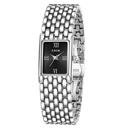 Quartz Silver Simple Square Luxury Stainless Steel Folding Wristwatch