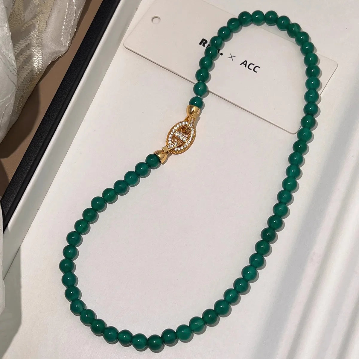 100% Natural Green Chalcedony 14K Gold Necklace