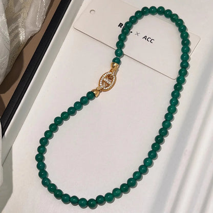 100% Natural Green Chalcedony 14K Gold Necklace