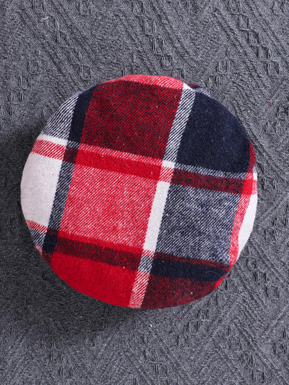 Spring and fall red high neck bubble long sleeve red plaid skirt + hat 3-piece Set