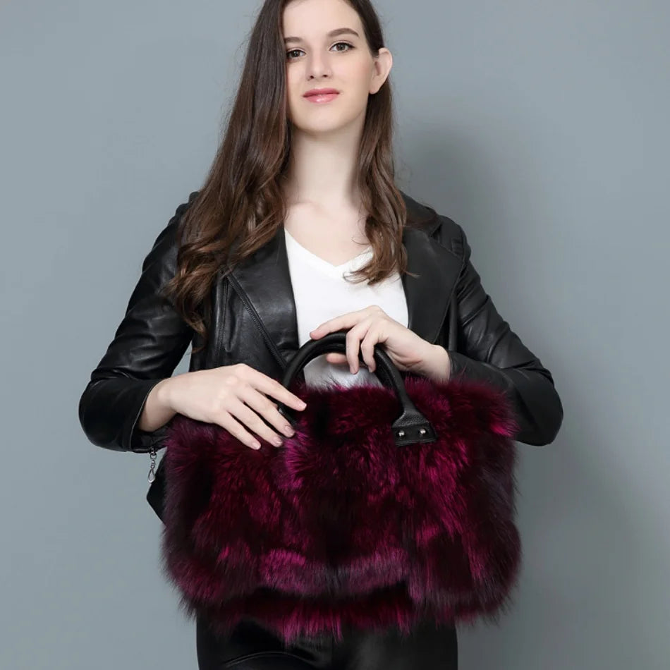 Real Fox Fur Large Size Plush Crossbody Luxury Handbags Fluffy Tote Bag