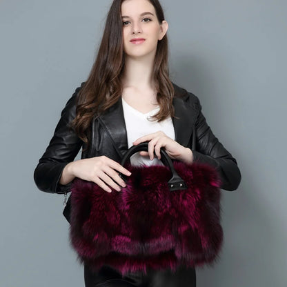 Real Fox Fur Large Size Plush Crossbody Luxury Handbags Fluffy Tote Bag