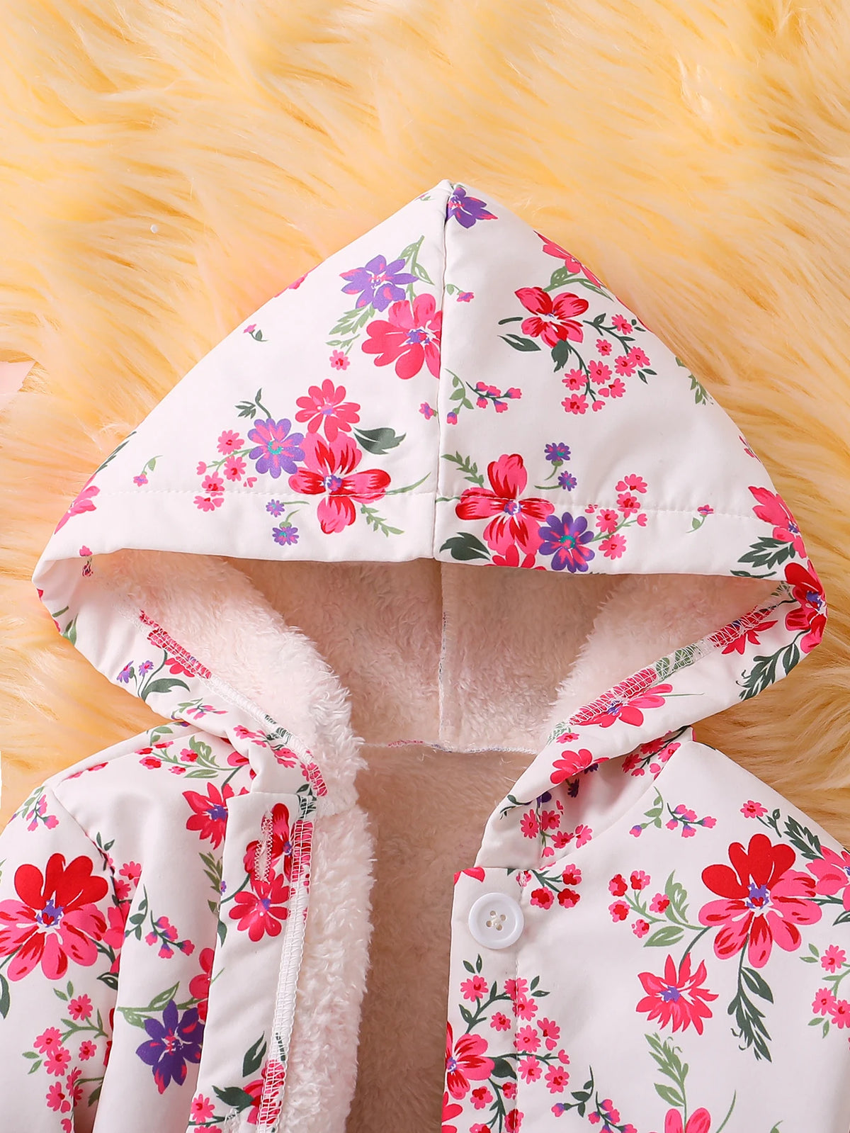 Fall/Winter Girls' Fleece Hooded Single-Breasted Floral Print Coat