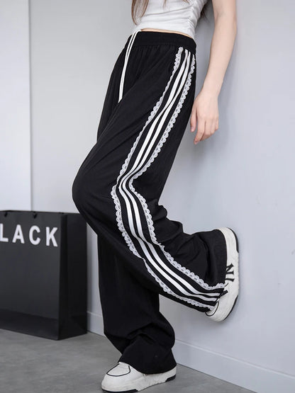 Korean Lace Patchwork Side Stripe Webbing Wide-Leg Pants
