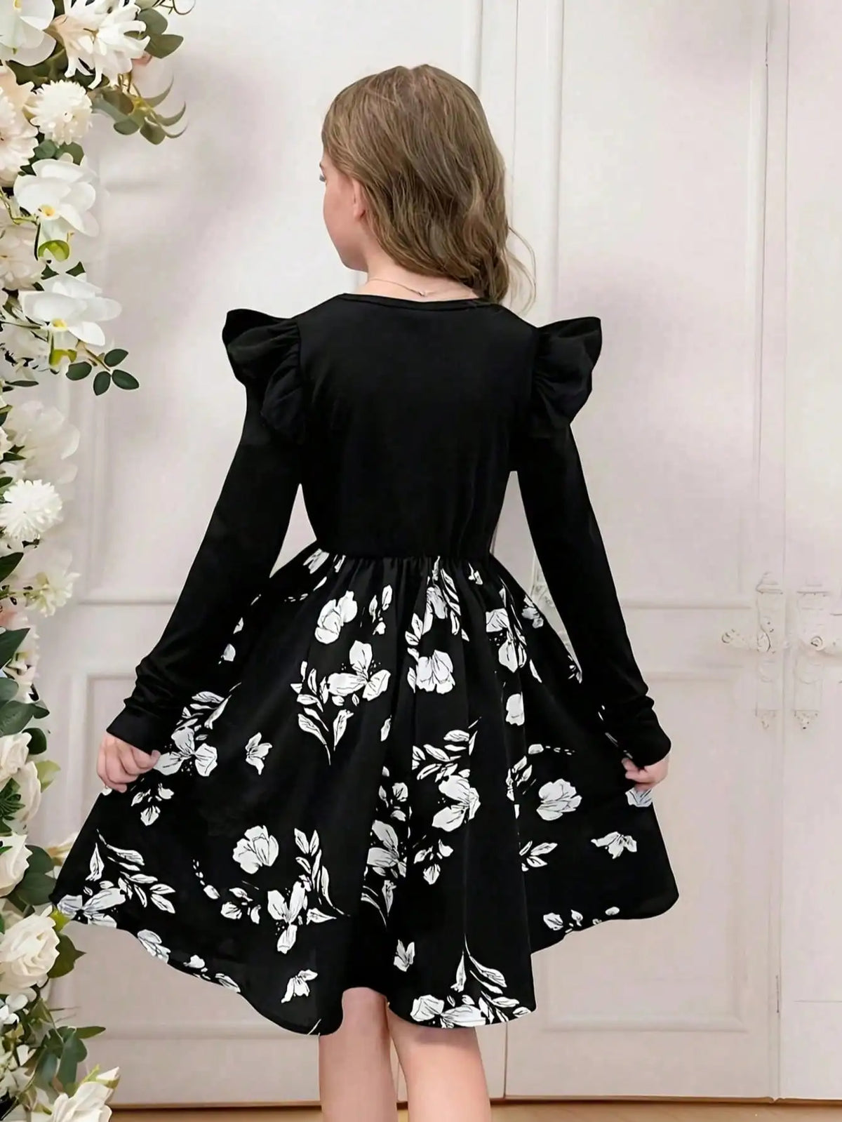 Girl's Casual Long-Sleeved Round-Neck Floral Dress