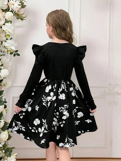 Girl's Casual Long-Sleeved Round-Neck Floral Dress