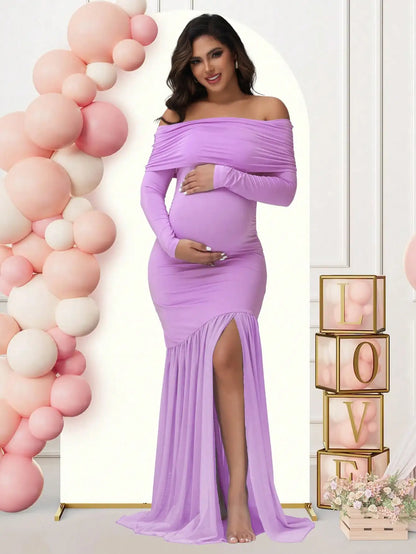 Maternity Off-Shoulder Slits Fishtail Hem For Pregnant