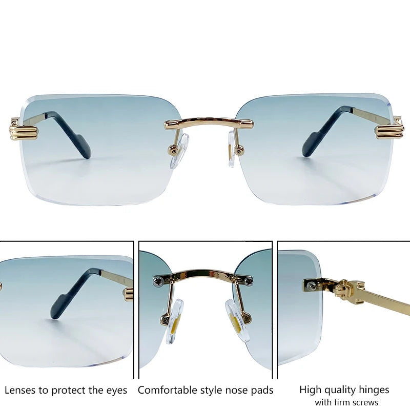 Rectangle Rimless Punk Luxury Metal Frame Sun Glasses